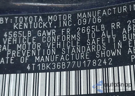 2007 Toyota Avalon Xls z USA, uszkodzony, nr VIN 4T1BK36B77U178242